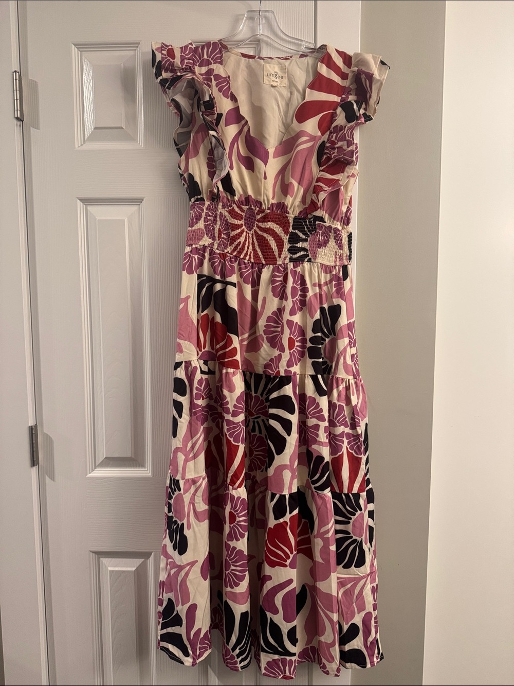 Umgee Floral Ruffle Maxi Dress in Pink, Black & Cream NWOT